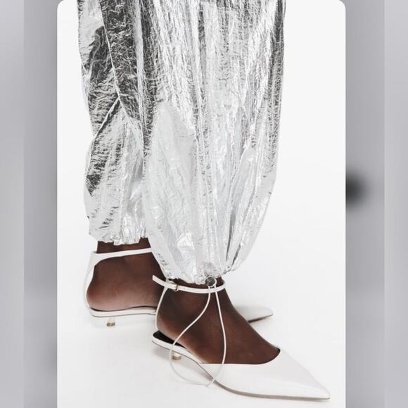 Zara Silver WIDE LEG METALLIC PANTS Size Large - Picture 4 of 13